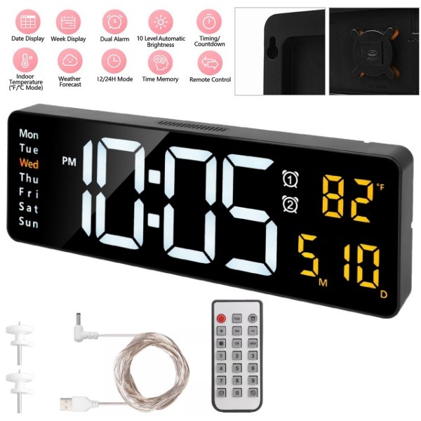 Large Lcd Display Wall Clock Remote Date Timer~