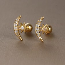 Gold Moon Stud Earrings Cubic Zirconia Metal Butterfly Closure Celestial