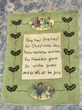 Vtg Christmas Cross Stitch Holly Embroidery Wall Art Unframed Fabric 15.5x12