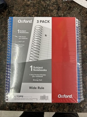 Oxford Spiral Notebook 3 Pack, 1 Subject, Wide Rule, Durable Plastic Covers,