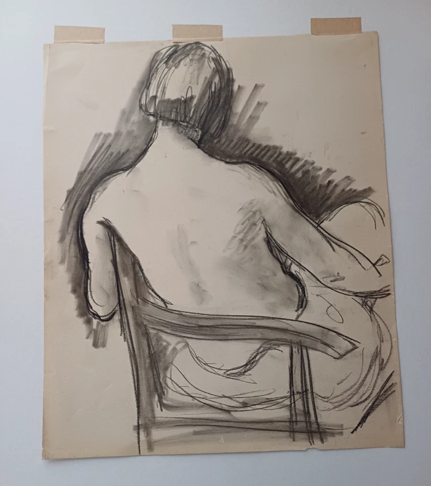1940s charcoal drawing of female nude life on chair - Image 4 of 4