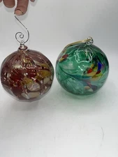 2 Zorza Handmade Glass Ornaments Poland Round Shape Mouth Blown Christmas