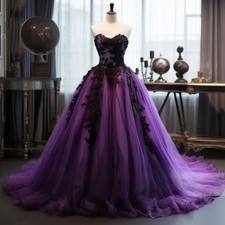 Gothic Wedding Dress Purple Black Bride Gown Lace Appliques Sleeveless Tulle
