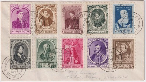Luxembourg theme: Belgium 1941 FDC; rulers in 15th, 16th centuries; Sc B293-B302