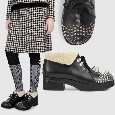 GUCCI BOOTS ANKLE VICTOR STUDDED LEATHER FAUX SHEARLING LINED $1,250 37 7