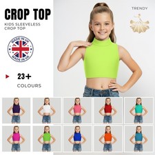 Girls Turtle Neck Crop Top Sleeveless Kids Plain Sports Ballet Dance Tank Tops