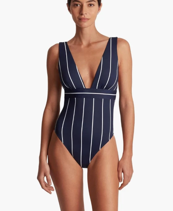 Lauren Ralph Lauren Damen Villa Streifen V-Ausschnitt Einteiler Blau Gr. 12 8470