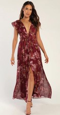 LULUS I'm All Yours Floral Burgundy Maxi Dress Size XS