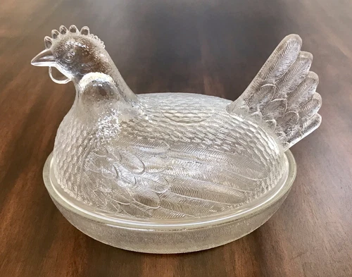 Vintage Clear Hen-On-Nest Covered Dish Smooth Rim by Indiana Glass Older Version