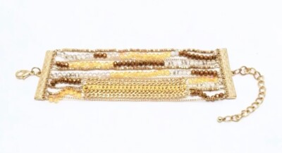 Multiple Strand Bracelet with Beads in Amber Brown Clear Chains Links of Gold