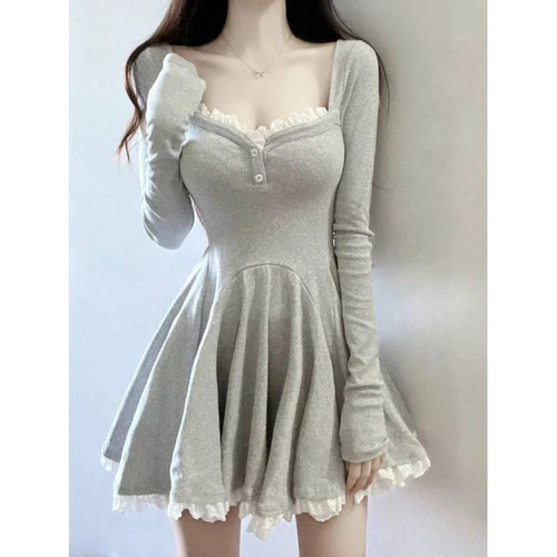 Women Fashion Long Sleeves Short Dress Tight Waist Lace Knitting Autumn Dress