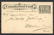 Ganzsache Kanada One Cent aus dem Jahr 1897 nach Berlin/Ontario - b11105