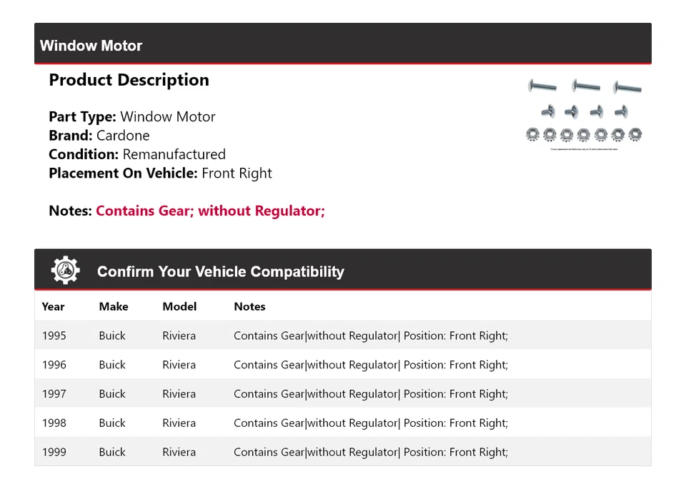 For 1995-1999 Buick Riviera Window Motor Front Right Cardone 1996 1997 1998 - Image 2 of 3