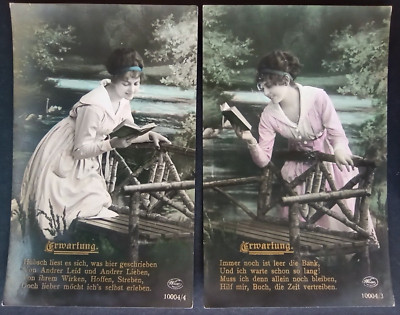 RPPC Original c1920-40 zwei Postkarten schöne Damen, buntes Gelatinesilber.