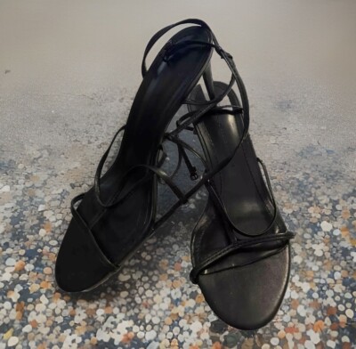Zara Basic Collection Leather Black Strappy Sandal Heels, Size 40 USA Size 