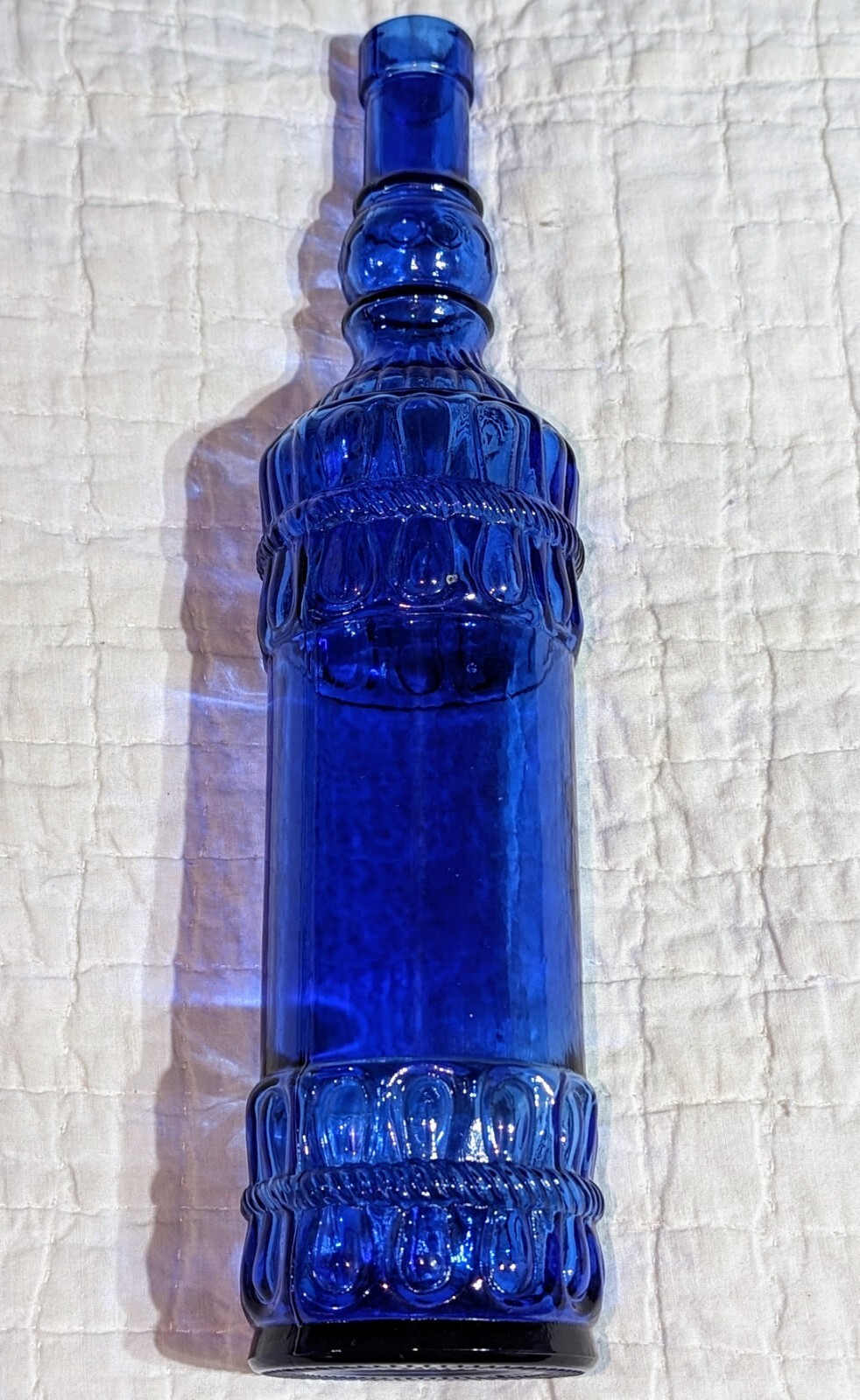 Decorative Blue Glass Bottle Embossed Rope Design Home Decor 12" Collectible Vtg