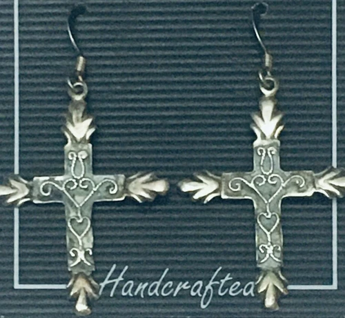 Silver Ear Rings .925 Sterling Cross AZTEC Dangle Earwires Hanging Pierced .925