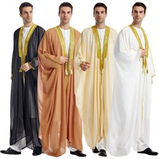 Men Saudi Dubai Dishdash Thobe Jubba Thoub Kaftan Robe Muslim Open Dress Kimono