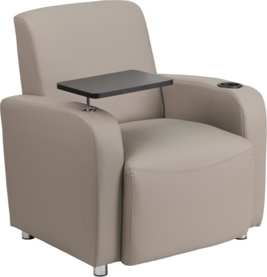 Reception Lounge Chair w/ Tablet Arm, Chrome Legs & Cup Holder in Gray Leather