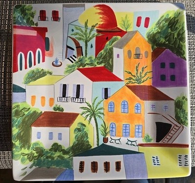 Pier 1 Villa Del Sol Colorful Square Decorative Plate Italian Villiage 8¼x8¼