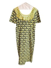African Wax Print Dress Handmade Ethnic Cameroon Green Yellow Ribbon Detail M
