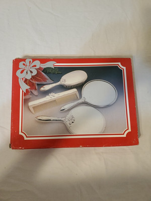 Vintage 3 Pc Vanity Dresser Set Hand Mirror Brush Comb Silver Plated SGB228S