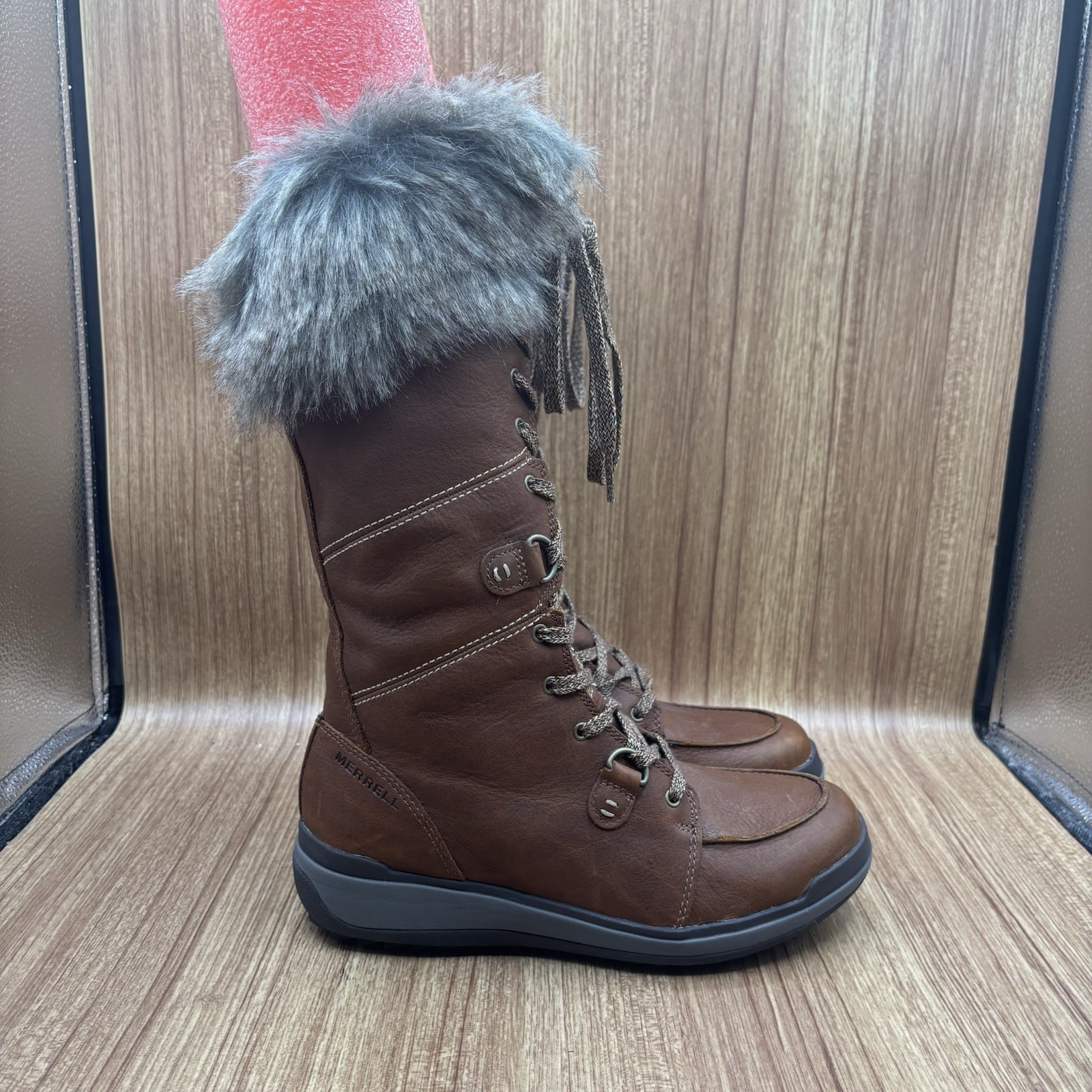 Stivali alti Merrell donna Snowcreek taglia 8 pelle marrone impermeabile pelliccia bordo 200 g