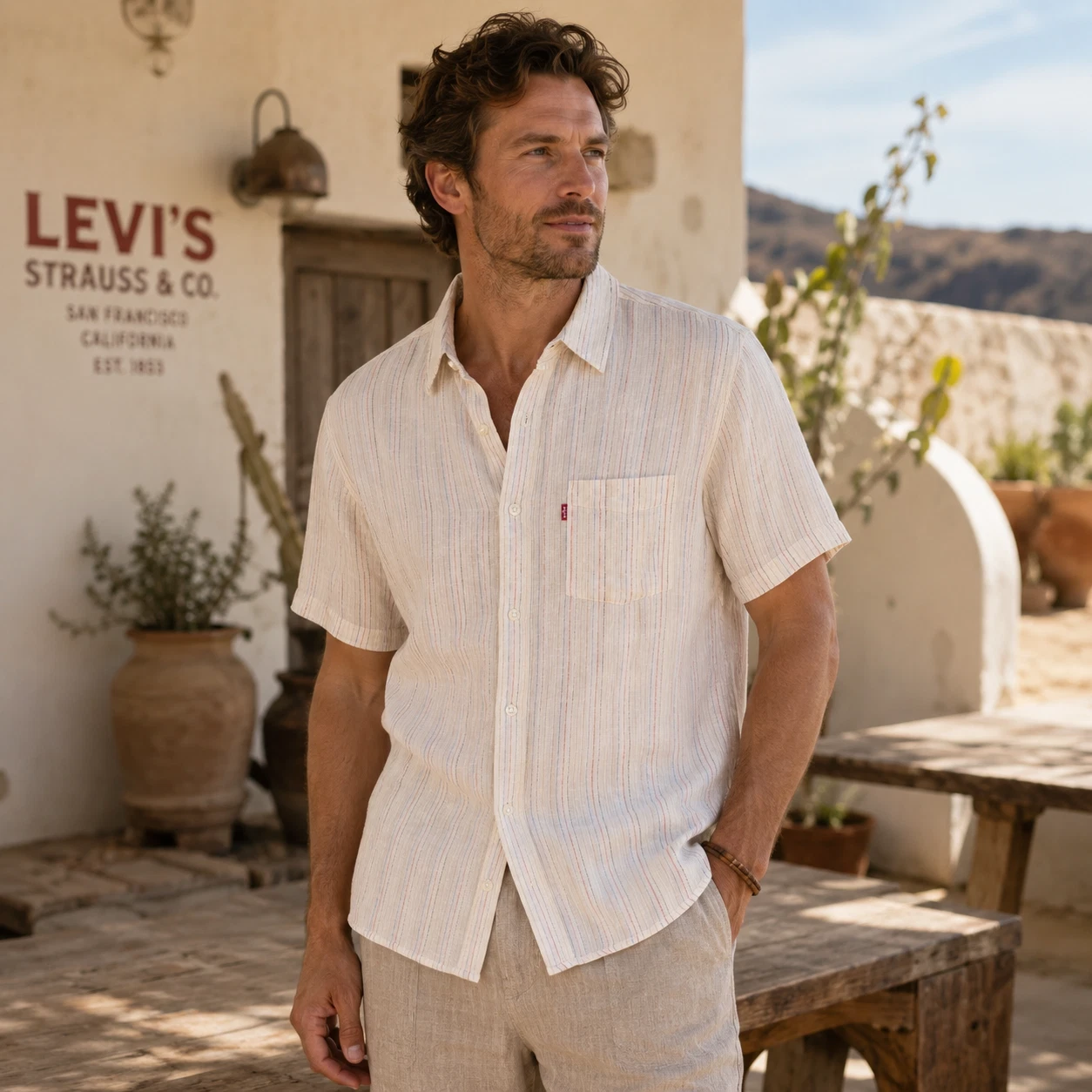 LEVIS New Men’s Shirt Standard XXL Sunset Striped LINEN Blend Ivory 86624-0065