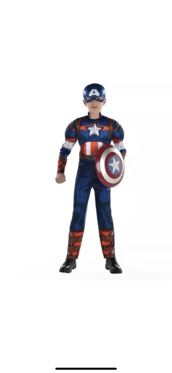 Captain America Muscle Costume For Boys - Large Size, Includes Padded Jumpsuit & Mask, Officially Licensed Marvel