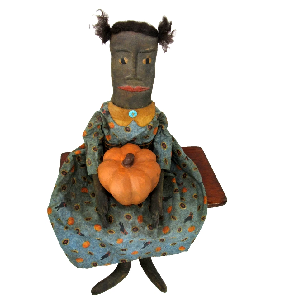 Primitive folk art cloth doll Halloween Fall w/ pumpkin artisan black 31" large - Image 4 of 4