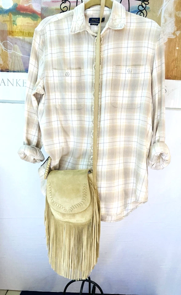 Polo Ralph Lauren LT Tan Sm Suede Fringe Detail Cross Body Bag Snap Close NWOT - Image 2 of 4