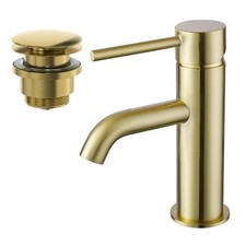 Cloakroom Basin Mixer Tap & Waste Set - Round Single Lever - Brushed Brass