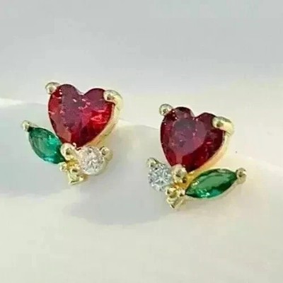 4Ct Haert Cut Simulated Ruby Stunning Flower Stud Earring 14k Yellow Gold Plated