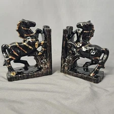 Vintage Ceramic Bookends Horse Zebra black w Gold Accents 1960s Lipper & Mann