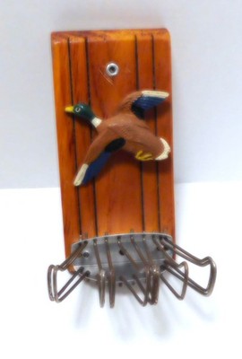 Vintage 1960s Flying Mallard Duck Wooden Tie Rack; 10 Hooks