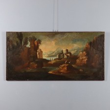 Dipinto Antico Paesaggio con Figure Olio su Tela Scuola Veneta '700 Originale