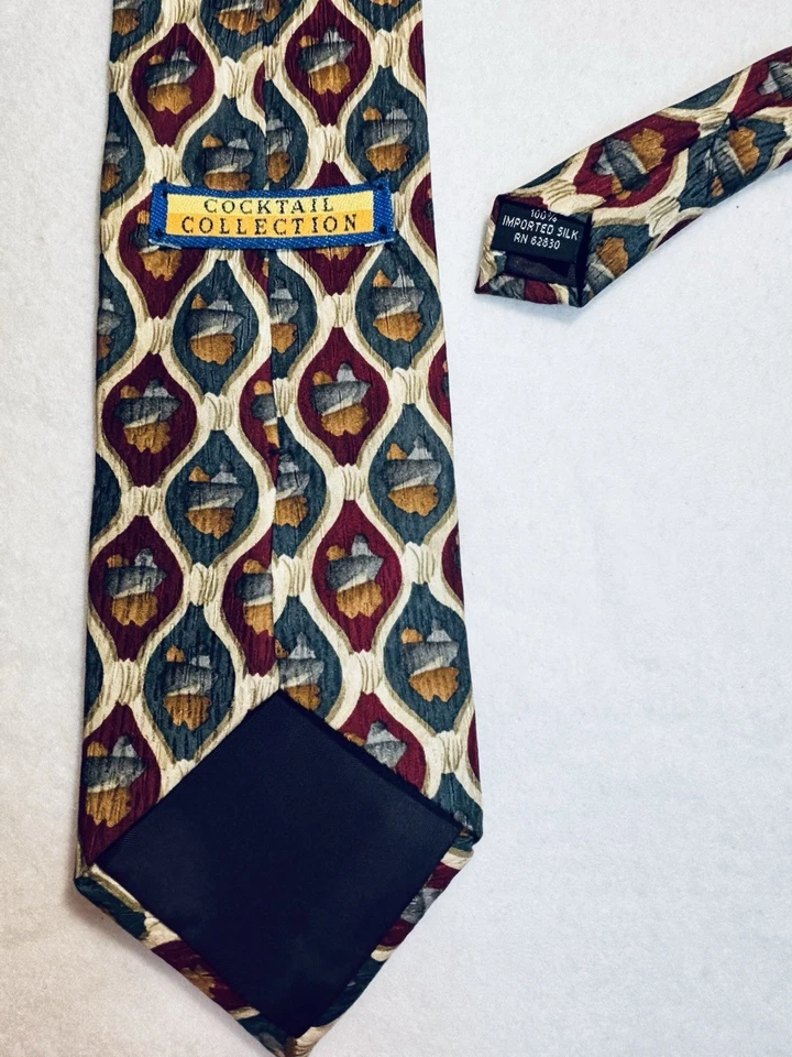 Cocktail Collection Men's Silk 60x 4 Necktie Designer Geometric Burgundy/Aqua - Image 4 of 4