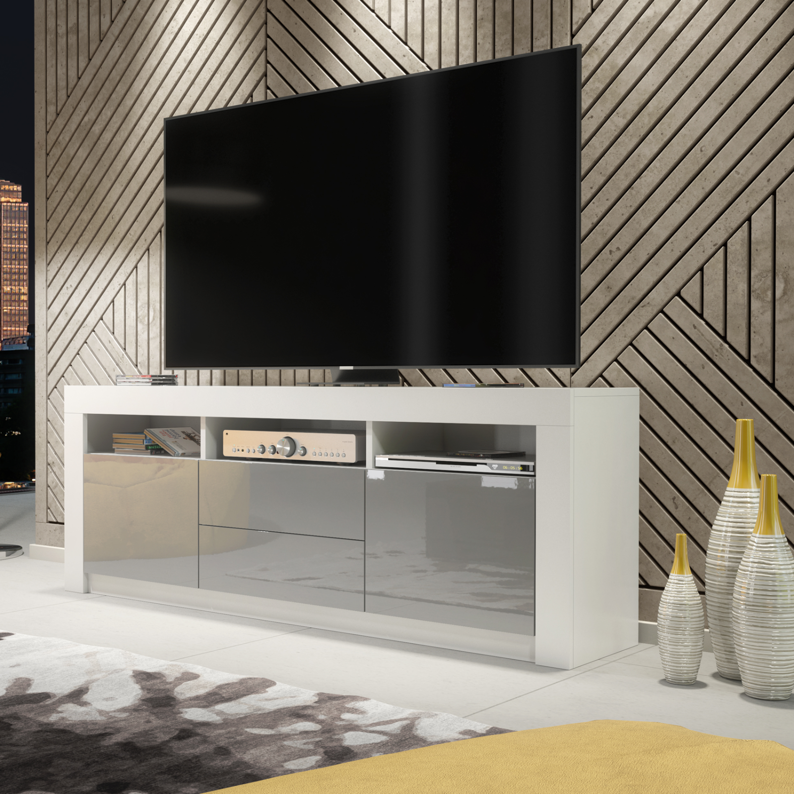 TV Unit TV Stand Sideboard Cabinet Grey Gloss Storage Entertainment Unit 160cm