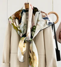 100% Silk Mulberry Wrap Shawl Square Peony Flower Print Bandanna Scarf 110X110cm
