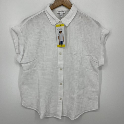 #ad Jessica Simpson Short Sleeve Button Shirt Women#x27;s S White Seersucker NWT $13.45