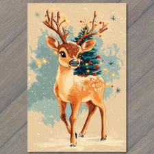 POSTCARD Christmas Reindeer Snowy Scene Festive Holiday Deer Lights Ornaments