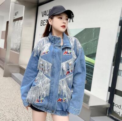 Womens 2024 Fashion Fringe Tassel Stand Collar Zipper Denim - Main Image