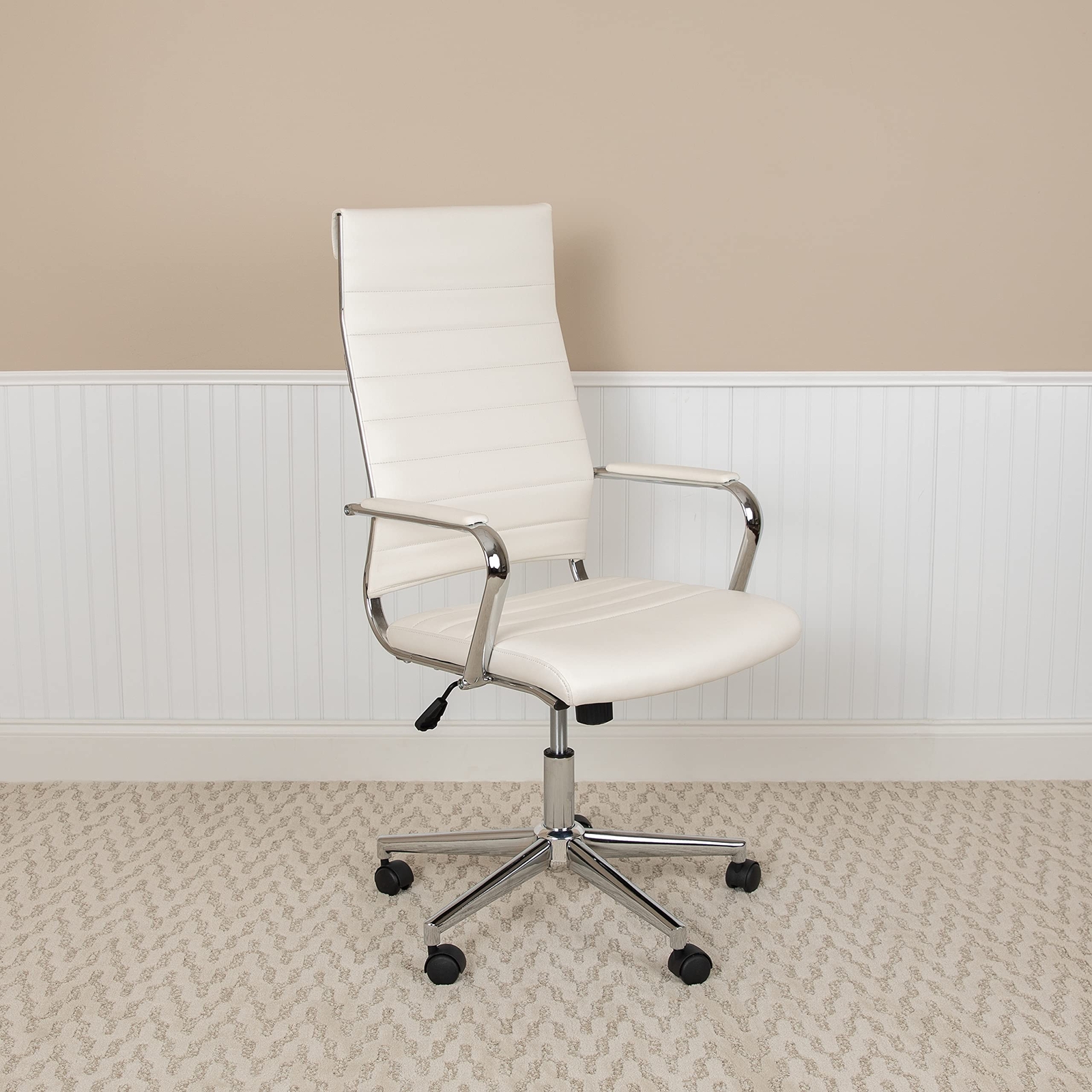 BizChair High Back White LeatherSoft Ribbed Executive Swivel Office Chair - D...