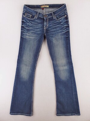 BKE Jeans Womens 28 Sabrina Flared Boot Distressed Thick Stitch Patchwork Y2K