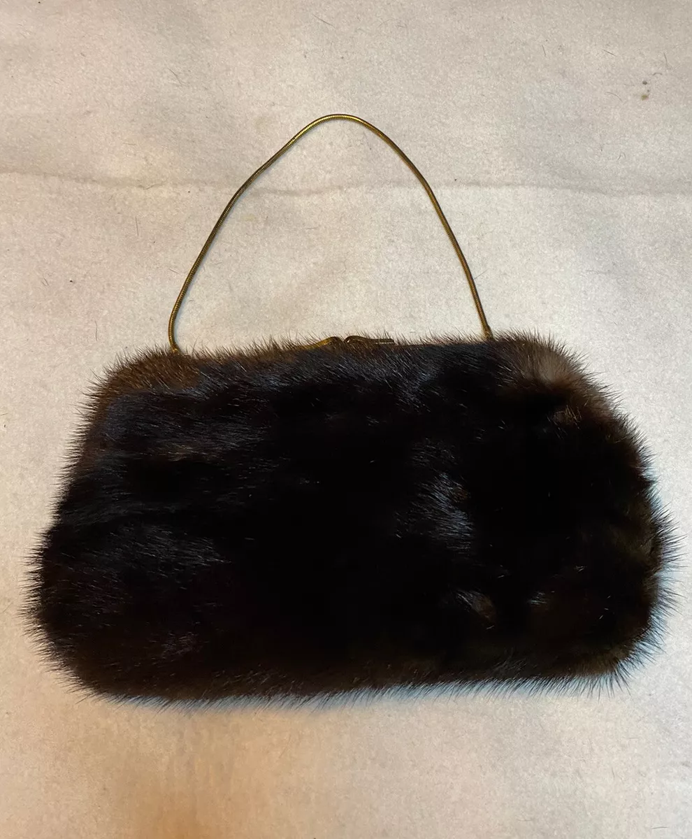 Vintage Ingber Kiss Lock Frame Clutch Genuine Fur Bag Purse Handbag Chestnut