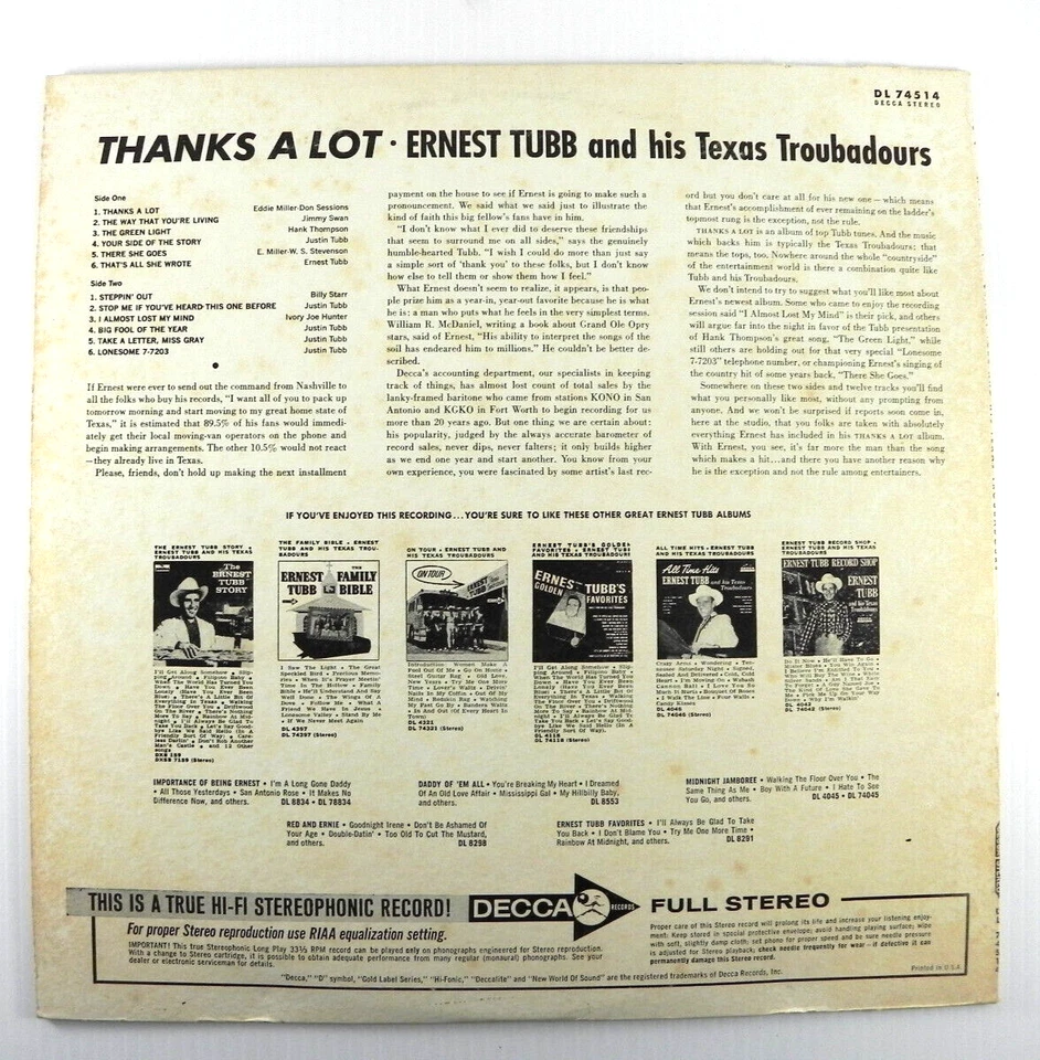 Ernest Tubb And His Texas Troubadours  "Thanks A Lot" 1964 Decca  DL 74514 - Image 2 of 4