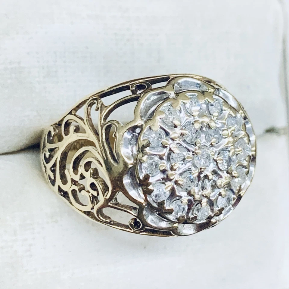 0.10 Ct 10k Yellow Gold Diamond Cluster Flower Filigree Engagement Ring Size 7.5 - Image 3 of 4