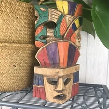 Wooden Hand Carved Painted Stand Up Indigenous Colorful Folk Art Decor Mask