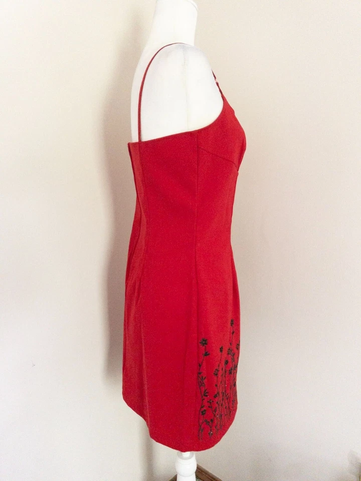 Vintage Y2K City Triangles Red Spaghetti Strap Floral Embroidered Mini Dress - Image 4 of 4