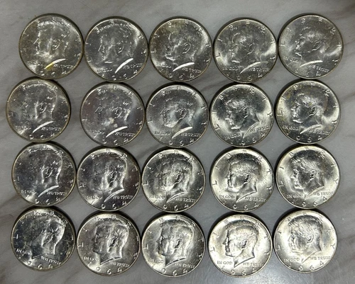 90% Silver 1964 Kennedy Half Dollars Uncirculated - Roll of 20 - $10 Face Value